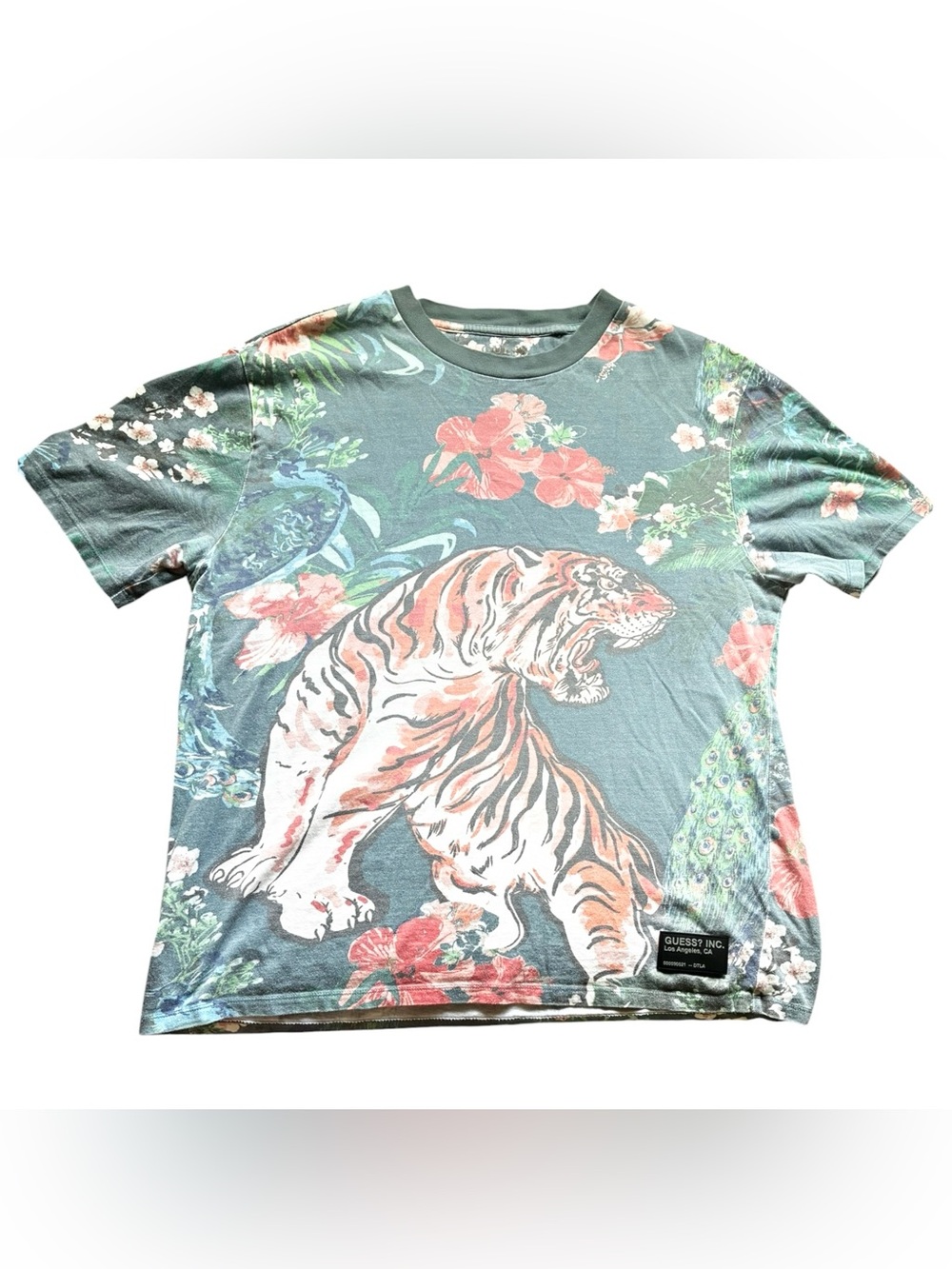 🐯Guess Los Angeles Tropical Tiger & Peacock Graphic T-Shirt